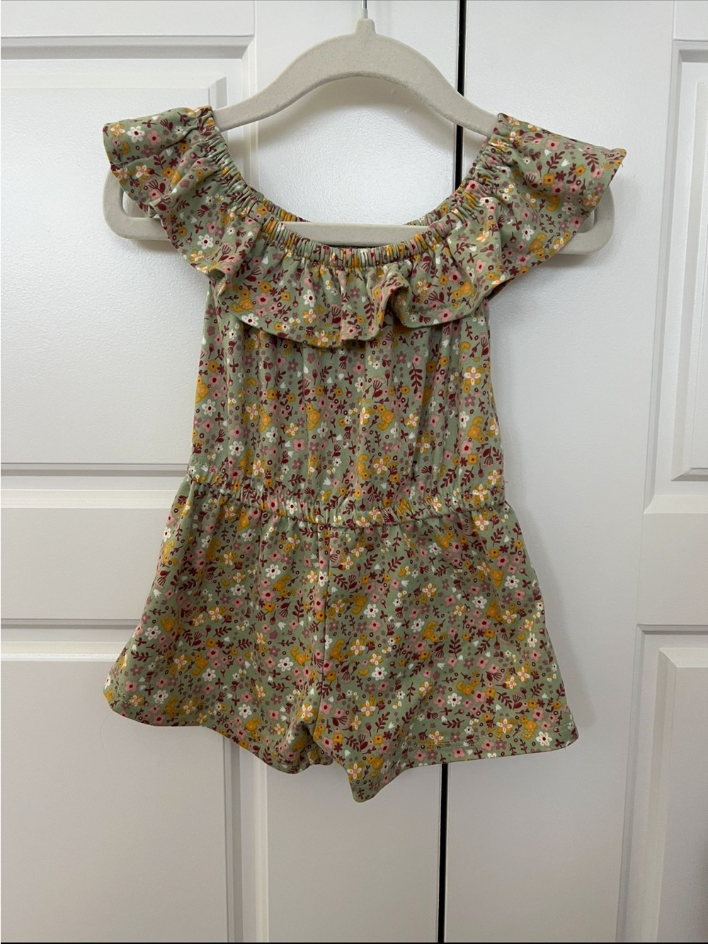 Girls Floral Ruffle Romper in Sage Green and Yellow - 12 mo